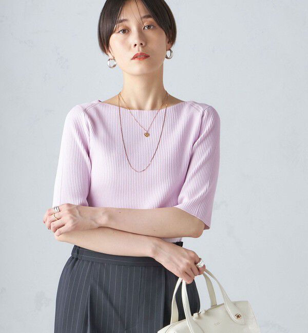 SHIPS for women「〈手洗い可能〉ボートネック 5分袖 リブ ニット」|ニット・セーター|ピンク