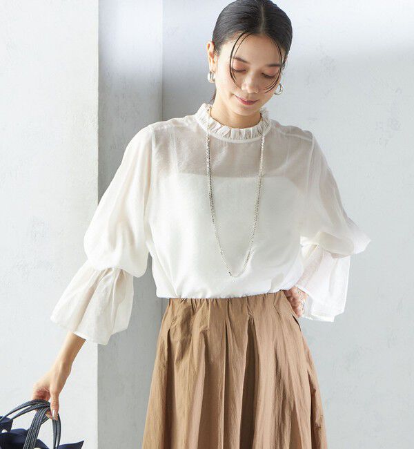 SHIPS for women「〈手洗い可能〉シルク混 シャイニー フリル スリーブ ブラウス」|シャツ・ブラウス|ホワイト