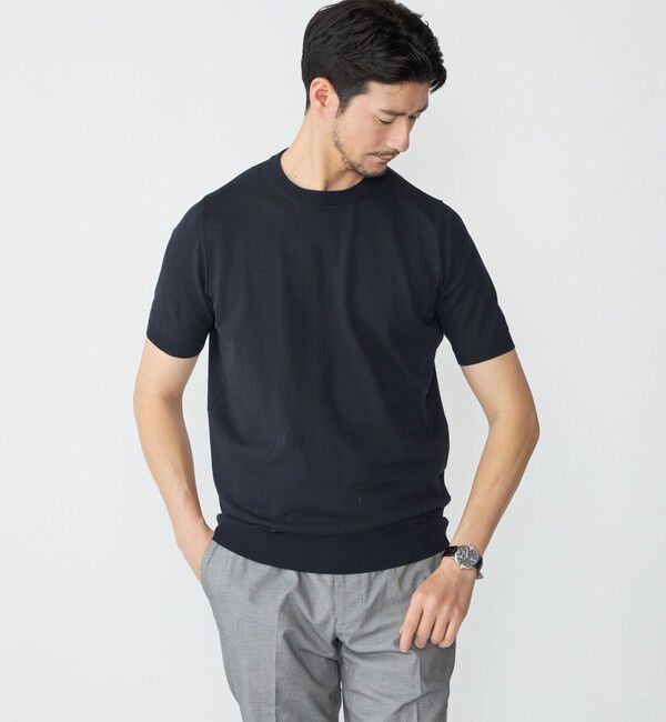 SHIPS「SHIPS: ICE COTTON クルーネック ショートスリーブ ニットTシャツ」|Tシャツ・カットソー|ネイビー