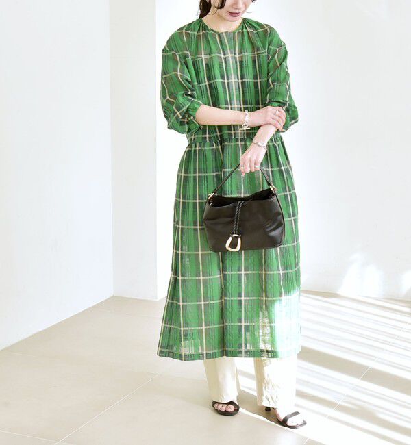 quaranciel「quaranciel:〈手洗い可能〉シアー チェック クルーネック ギャザー ワンピース」|ワンピース|