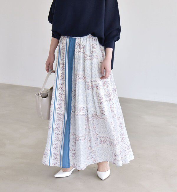 quaranciel「《予約》quaranciel:〈洗濯機可能〉フラワー スカーフ プリント ギャザー フレア スカート」|スカート|