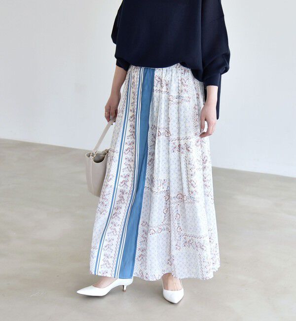 quaranciel「《予約》quaranciel:〈洗濯機可能〉フラワー スカーフ プリント ギャザー フレア スカート」|スカート|