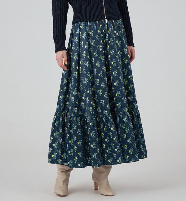 SOULEIADO「ポリエステルサテンプリント ティアードマキシスカート」|フレア|