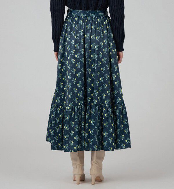 SOULEIADO「ポリエステルサテンプリント ティアードマキシスカート」|フレア|