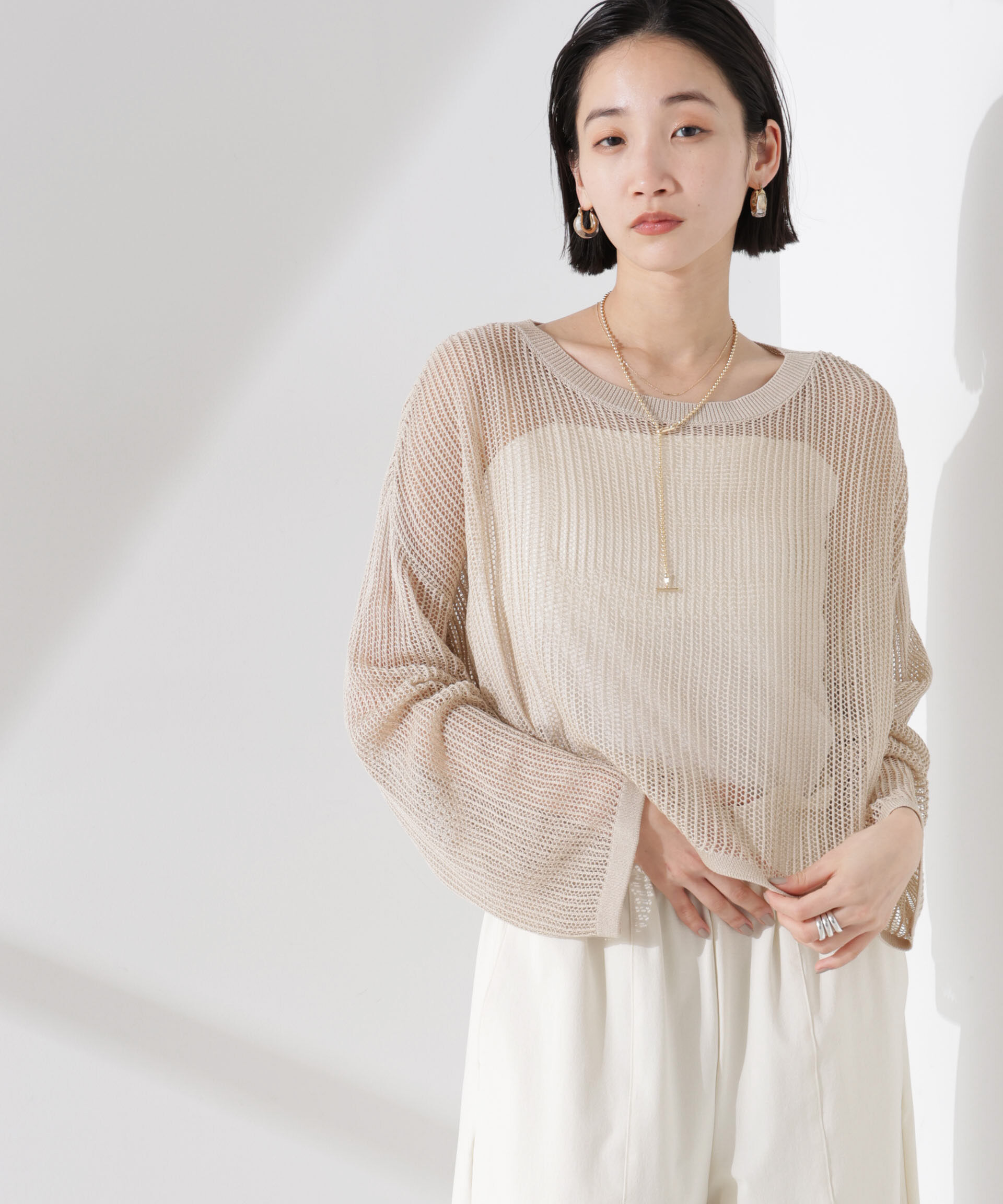 nano･universe「クロップドメッシュニットトップス」|ニット・セーター|