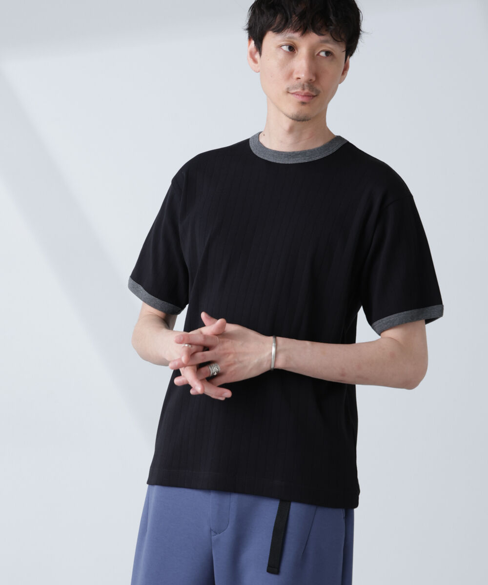 nano･universe「「NJ/CLUB」 針抜きリンガーTシャツ」|Tシャツ・カットソー|ブラック