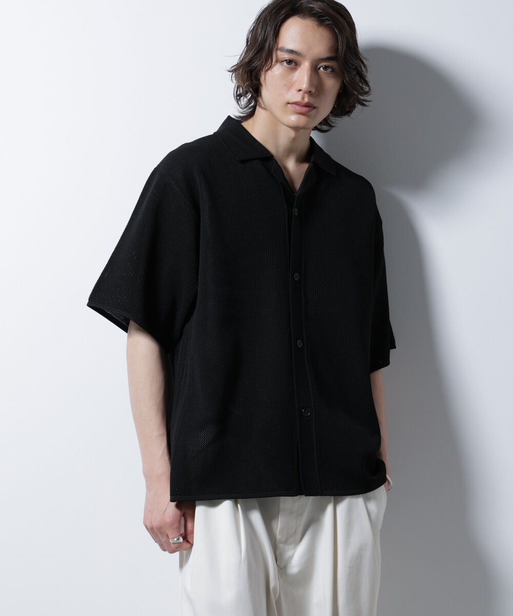 nano･universe「スポンディッシュ メッシュオープンカラーニットシャツ」|ニット・セーター|ブラック