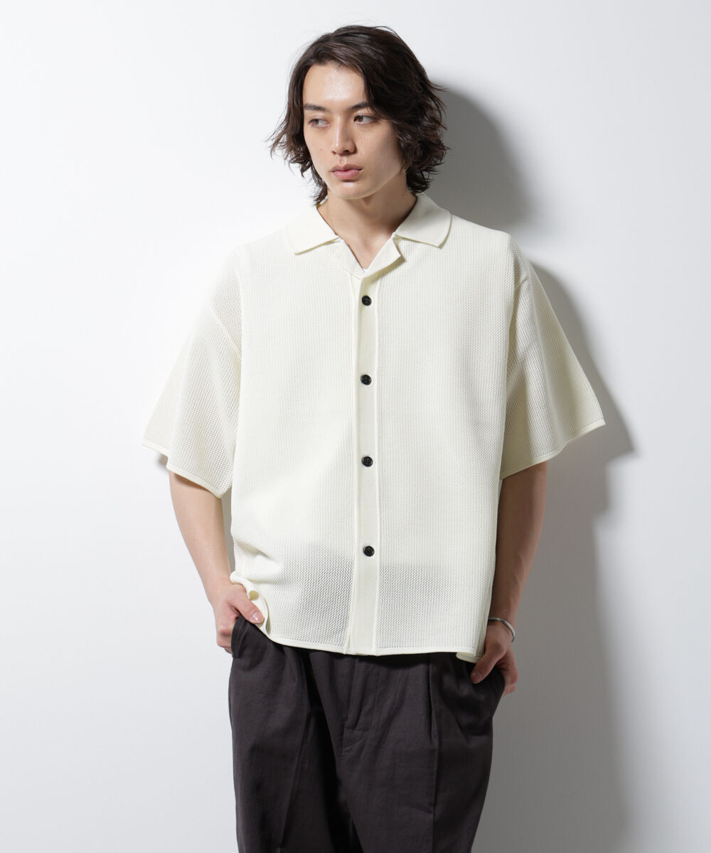 nano･universe「スポンディッシュ メッシュオープンカラーニットシャツ」|ニット・セーター|オフホワイト1