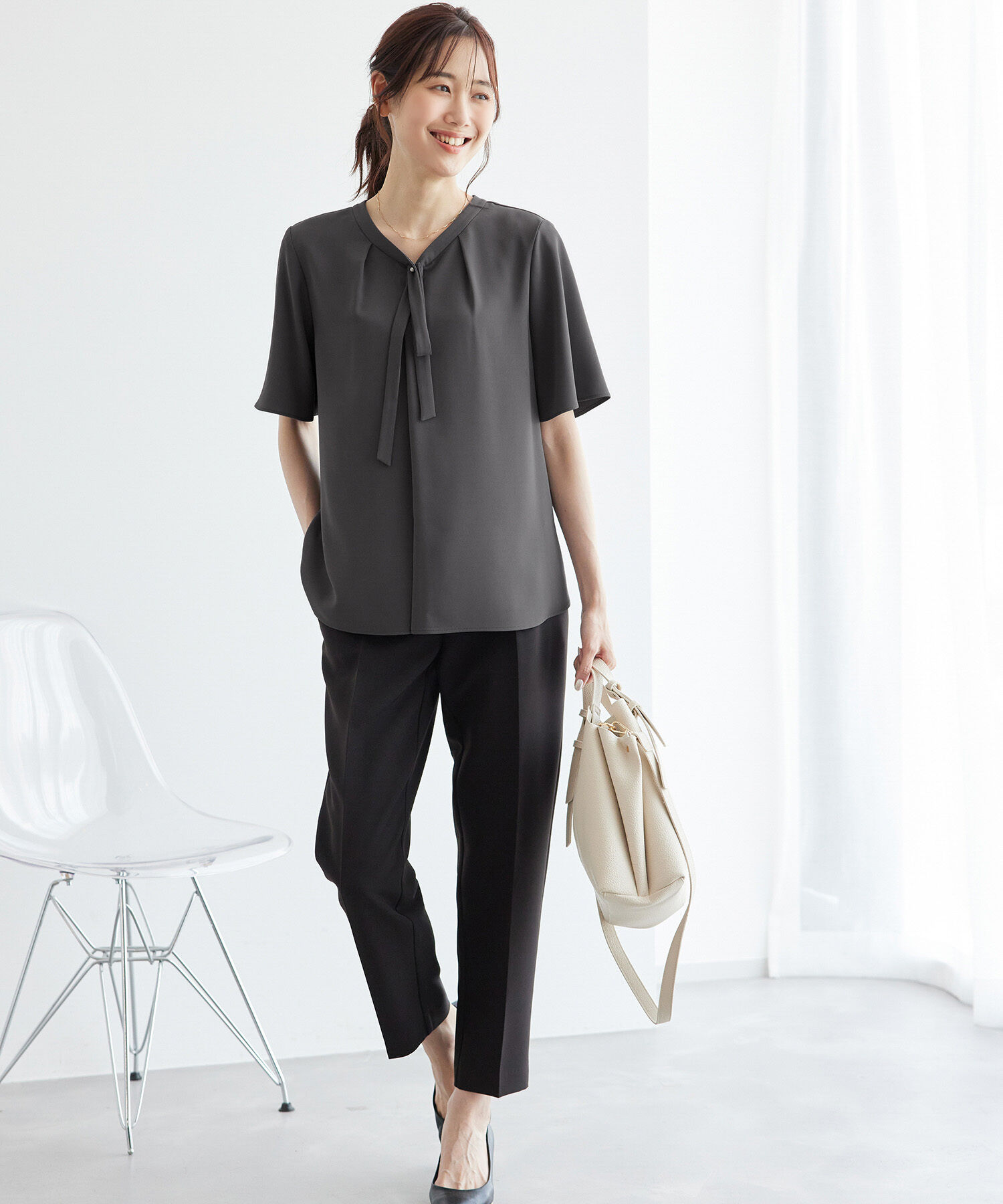 Rope&rsquo;Picnic「2サイズ展開/メタルボタンリボンタイハーフスリーブブラウス」|シャツ・ブラウス|