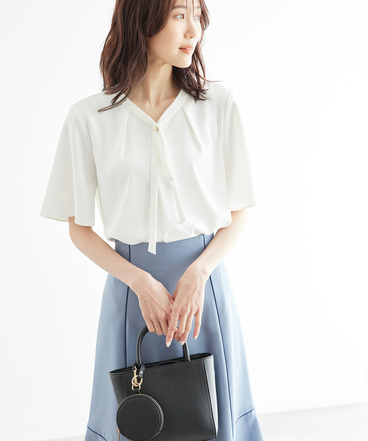 Rope&rsquo;Picnic「2サイズ展開/メタルボタンリボンタイハーフスリーブブラウス」|シャツ・ブラウス|