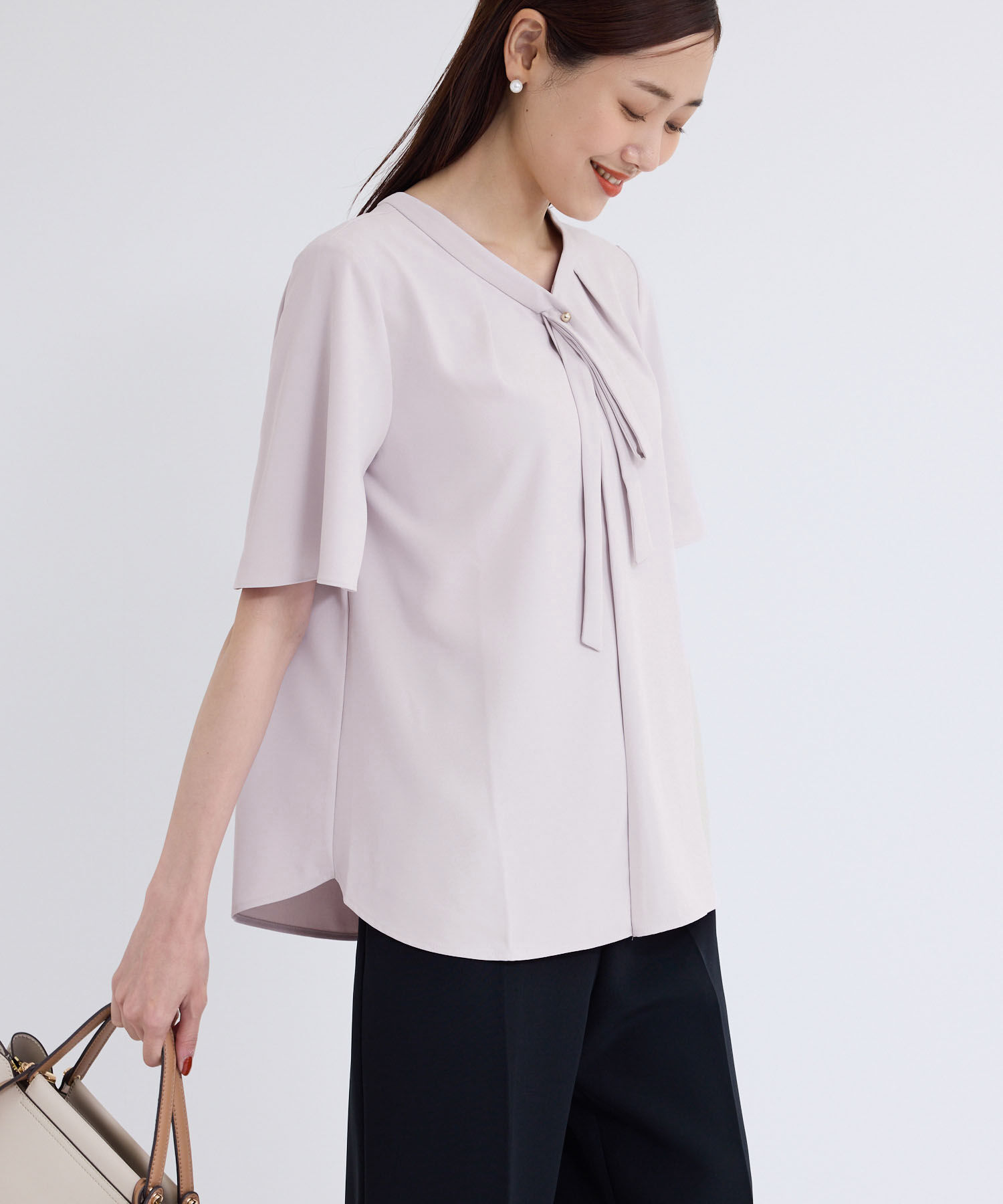 Rope&rsquo;Picnic「2サイズ展開/メタルボタンリボンタイハーフスリーブブラウス」|シャツ・ブラウス|