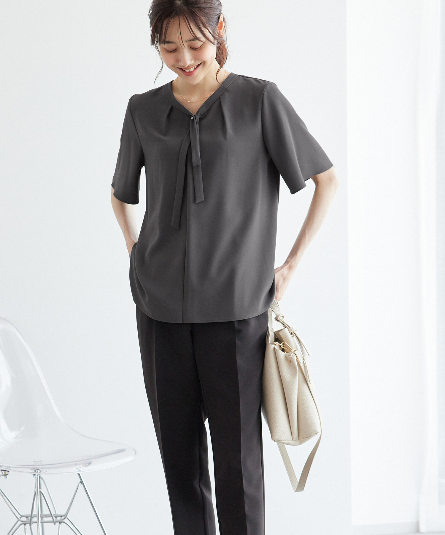 Rope&rsquo;Picnic「2サイズ展開/メタルボタンリボンタイハーフスリーブブラウス」|シャツ・ブラウス|