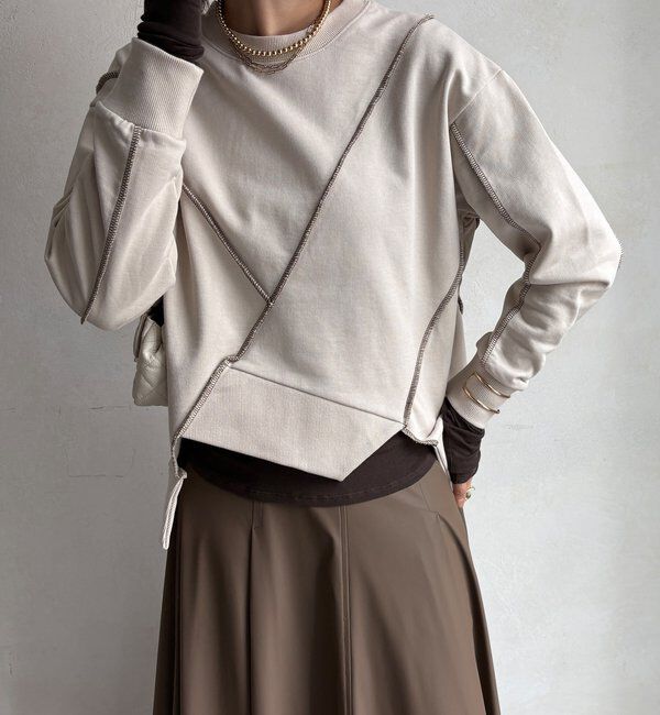 「【WEB限定】裏毛配色ステッチ切替トップス」|Tシャツ・カットソー|ベージュ