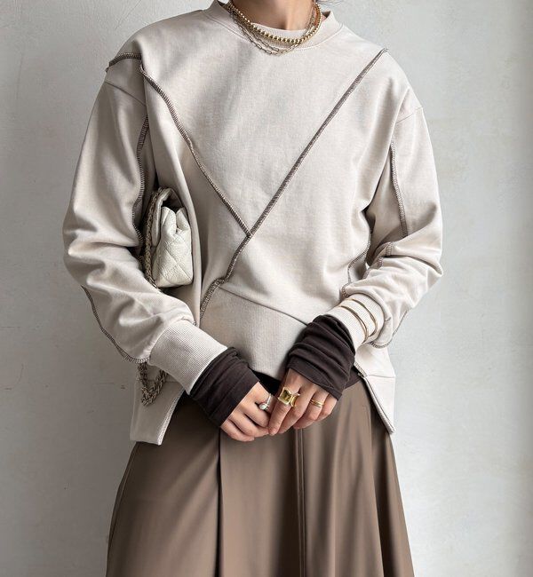  「【WEB限定】裏毛配色ステッチ切替トップス」|Tシャツ・カットソー|