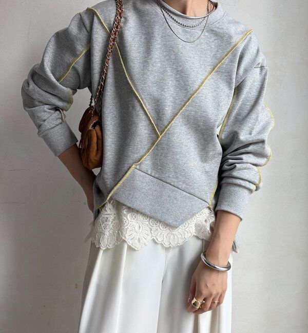  「【WEB限定】裏毛配色ステッチ切替トップス」|Tシャツ・カットソー|グレー