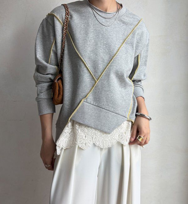  「【WEB限定】裏毛配色ステッチ切替トップス」|Tシャツ・カットソー|