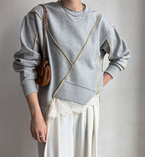  「【WEB限定】裏毛配色ステッチ切替トップス」|Tシャツ・カットソー|