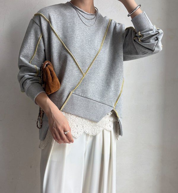  「【WEB限定】裏毛配色ステッチ切替トップス」|Tシャツ・カットソー|