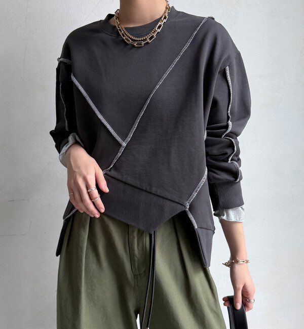  「【WEB限定】裏毛配色ステッチ切替トップス」|Tシャツ・カットソー|