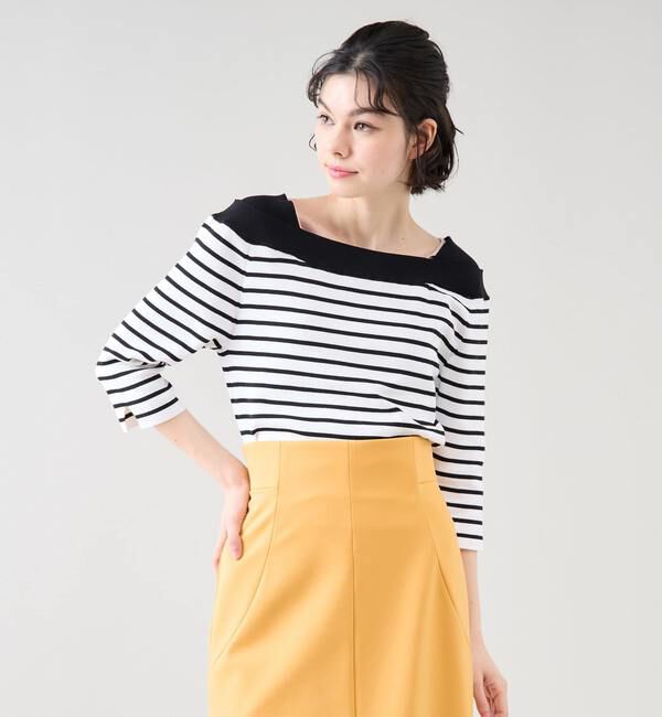 TIARA「デザインボートネックニット」|ニット・セーター|ホワイト&times;ブラック