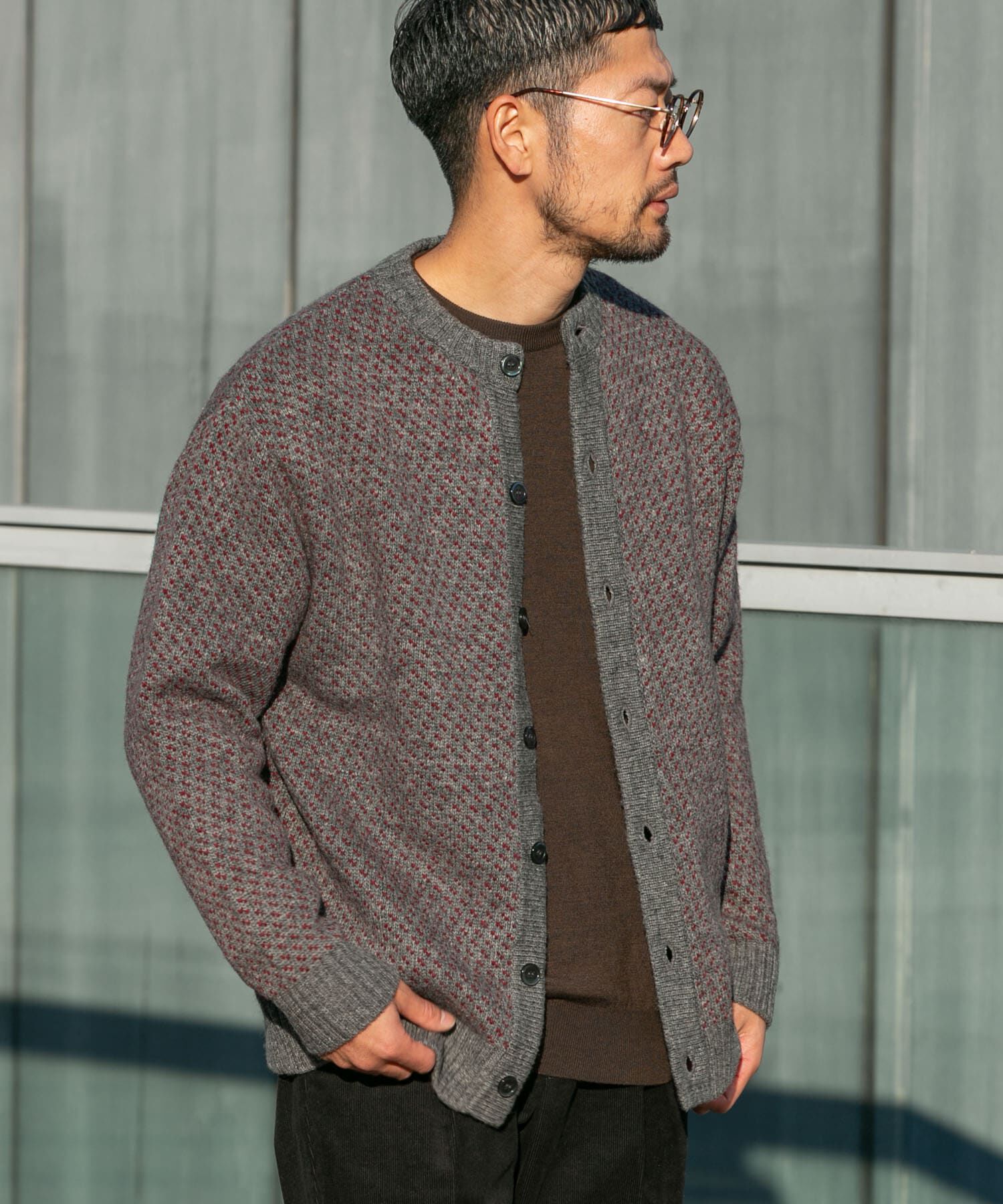 URBAN RESEARCH ROSSO「『XLサイズあり』バーズアイ柄クルーニットカーディガン」|カーディガン|グレー