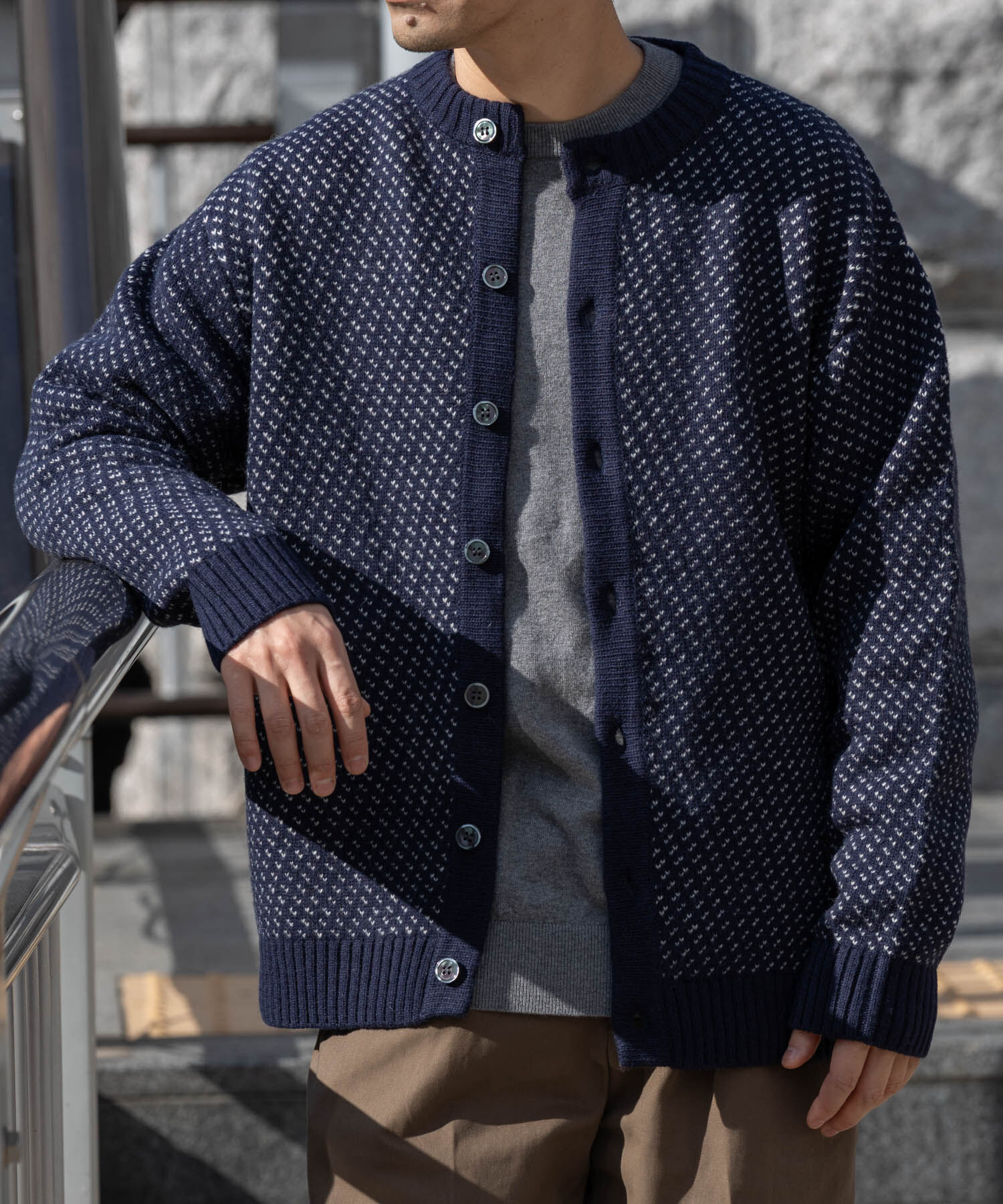 URBAN RESEARCH ROSSO「『XLサイズあり』バーズアイ柄クルーニットカーディガン」|カーディガン|ネイビー