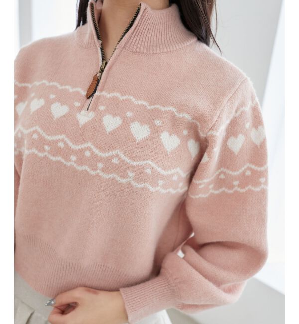 MAJESTICLEGON「ハートジャカードハーフジップニット」|ニット・セーター|ピンク柄
