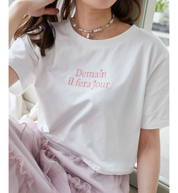  「パール付きクロップドロゴTシャツ」|Tシャツ・カットソー|