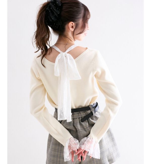  「レースドッキングVネックニット」|ニット・セーター|アイボリー