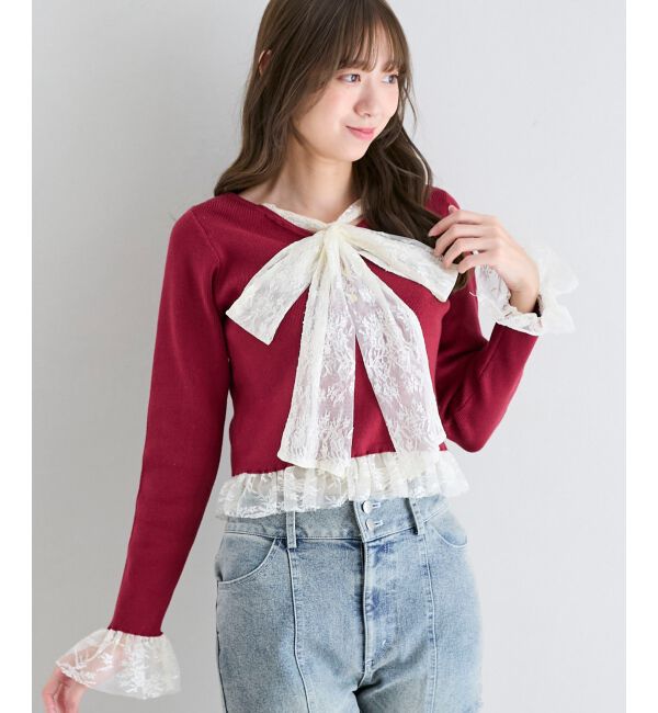  「レースドッキングVネックニット」|ニット・セーター|ボルドー