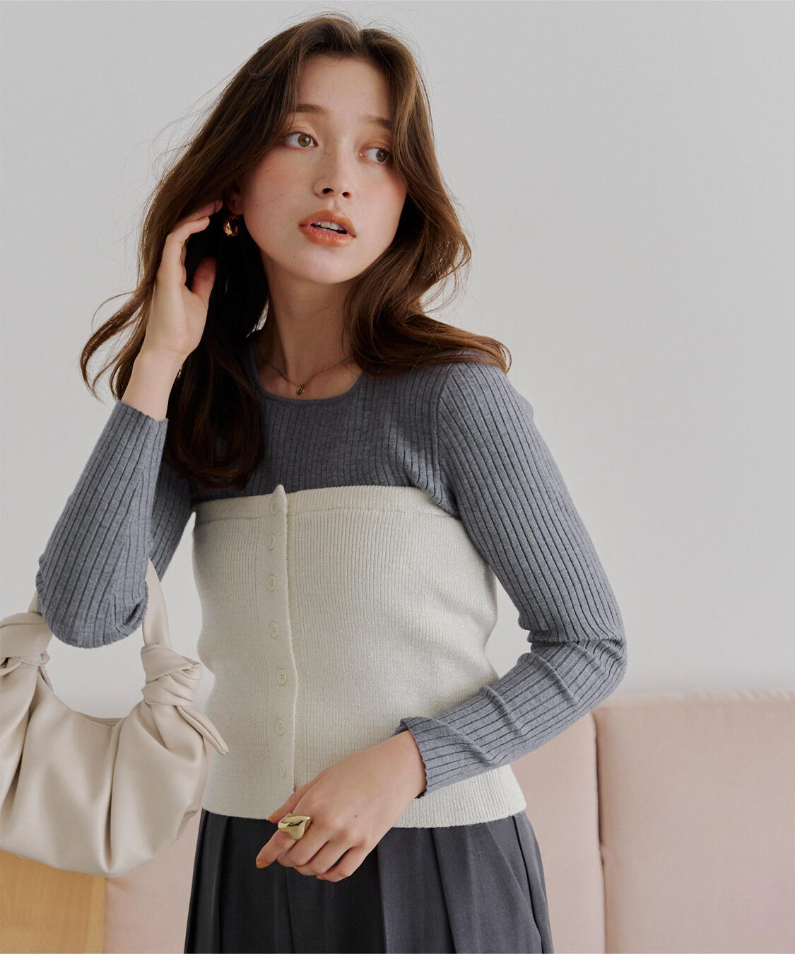 titivate「ボートネックリブ編みニット」|ニット・セーター|グレー