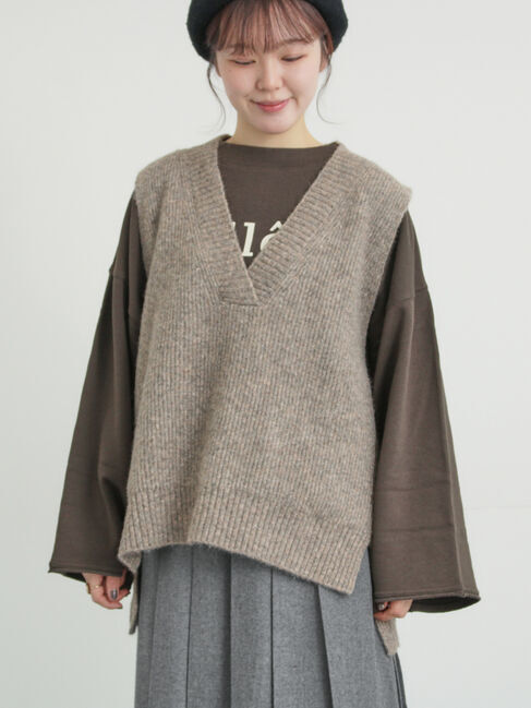 Samansa Mos2「Vネックリブベスト」|ダウンベスト・ベスト|ベージュ