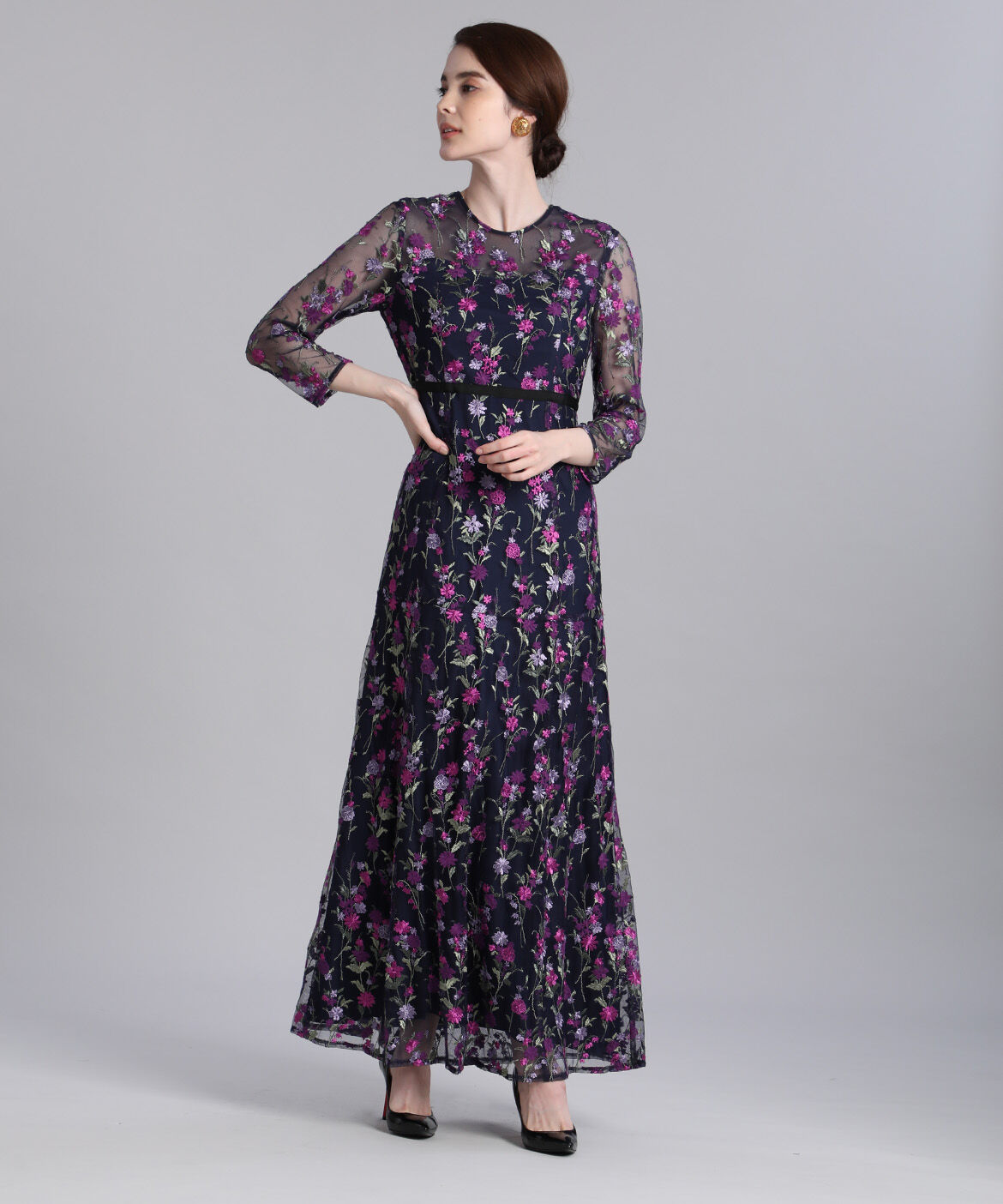 Maglie le cassetto「《M Maglie le cassetto》エンブロイダリーチュールロングドレス」|ワンピース|ネイビー