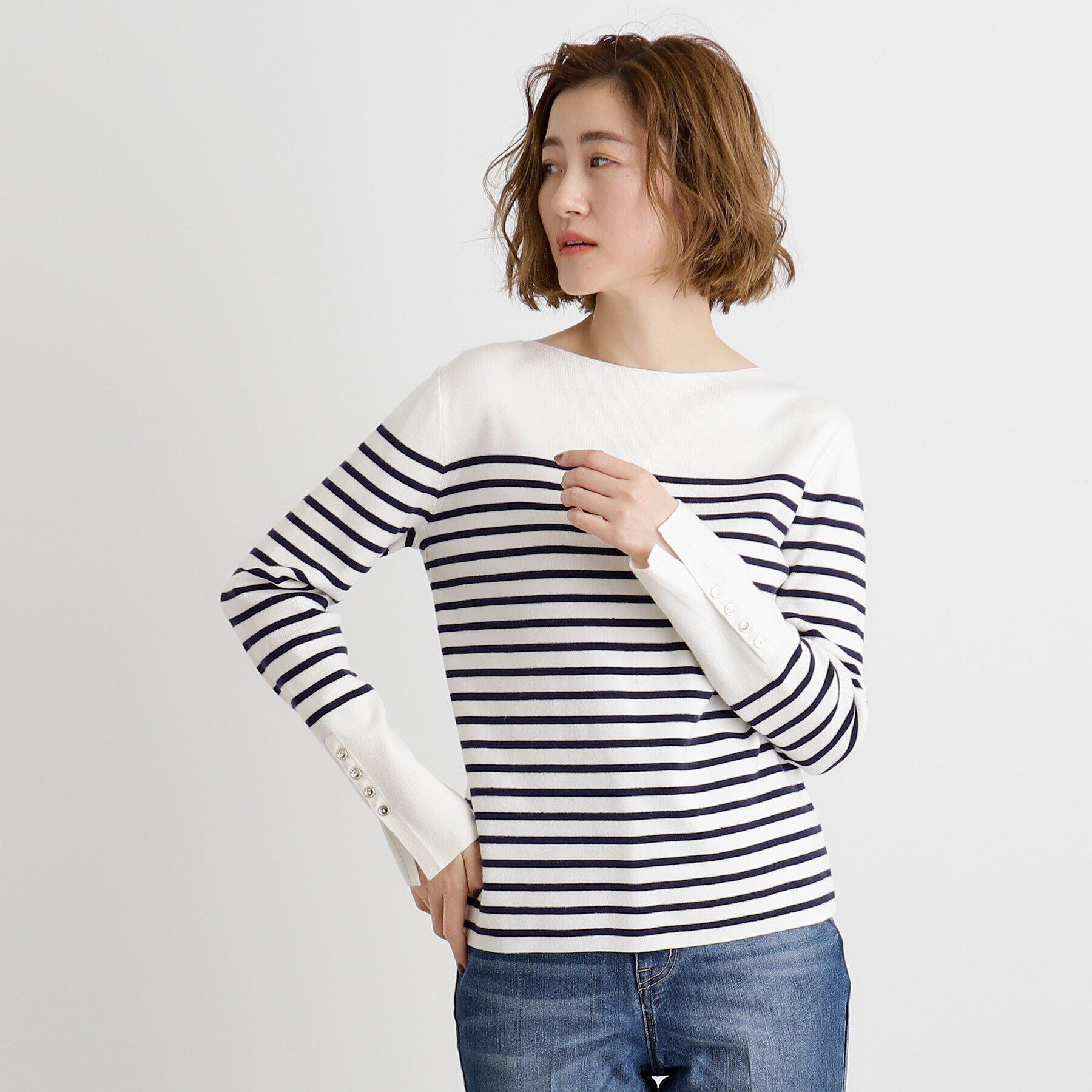 grove「総針袖口金ボタンニットロンT」|ニット・セーター|