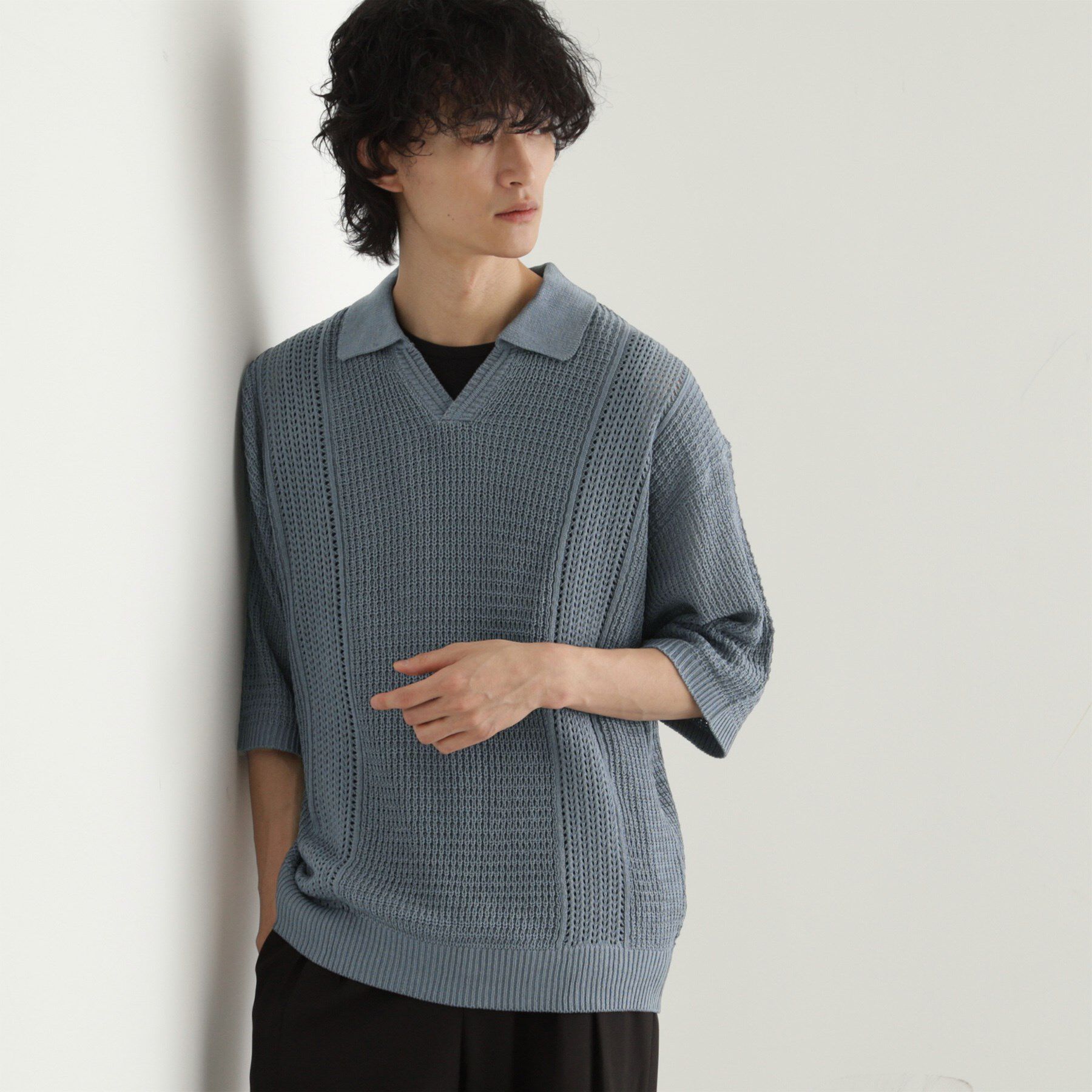 tk.TAKEO KIKUCHI「リネンライクニットポロシャツ」|ニット・セーター|ブルー(092)