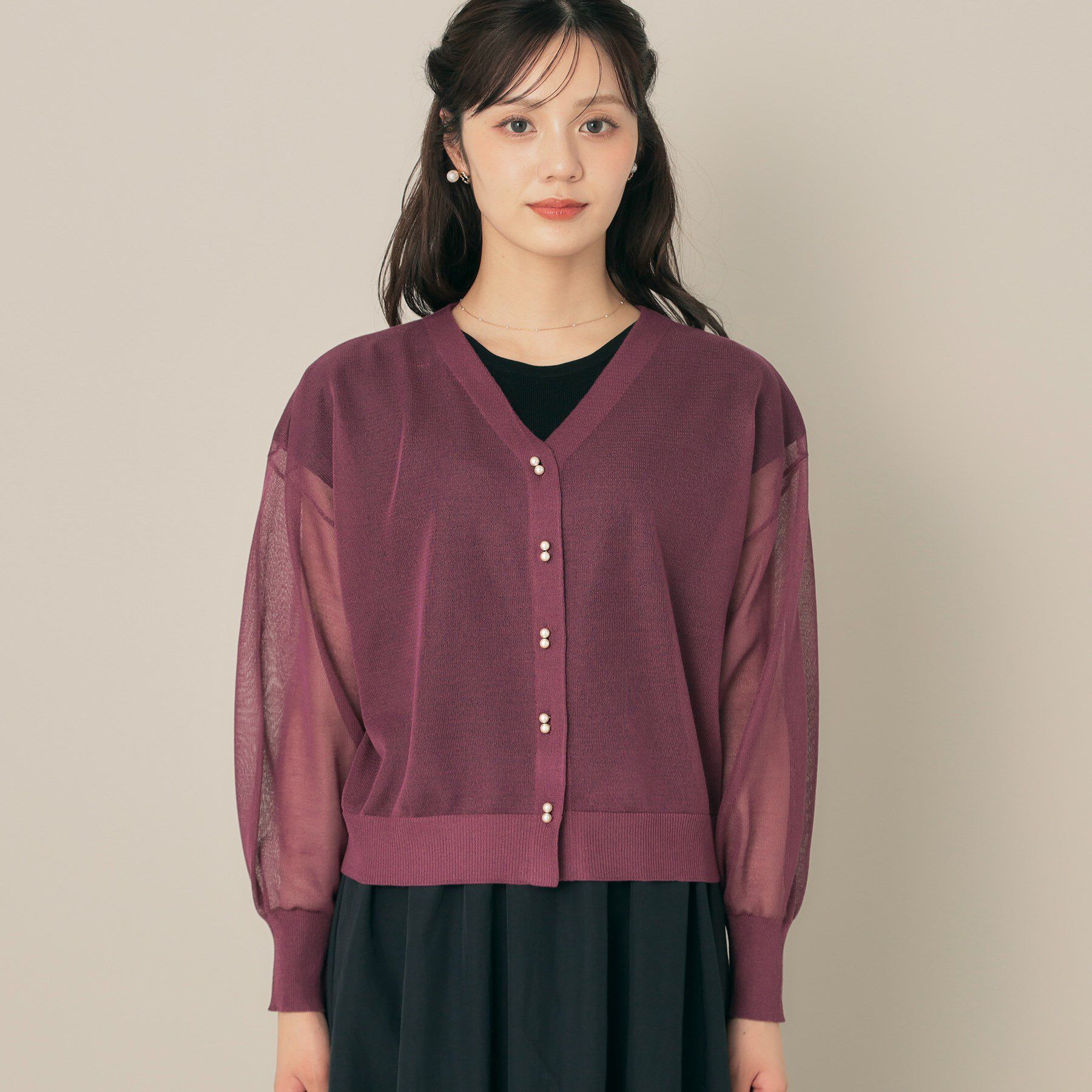 Couture broach「【秋カラー・オシャレな透け感】ダブルパール調シアーカーディガン」|カーディガン|