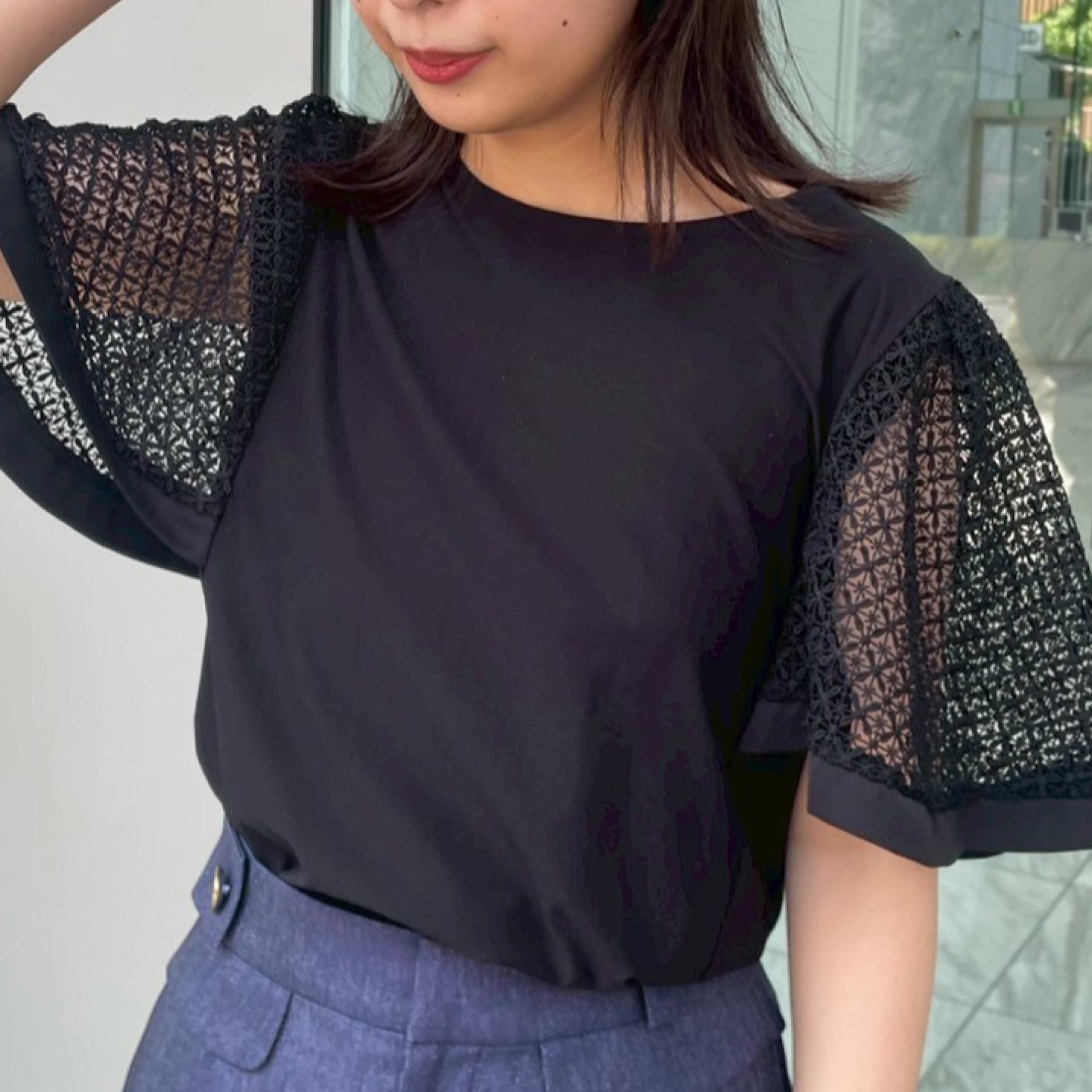 Couture broach「【接触冷感・5分袖】ケミカルレースフレアスリーブトップス」|Tシャツ・カットソー|