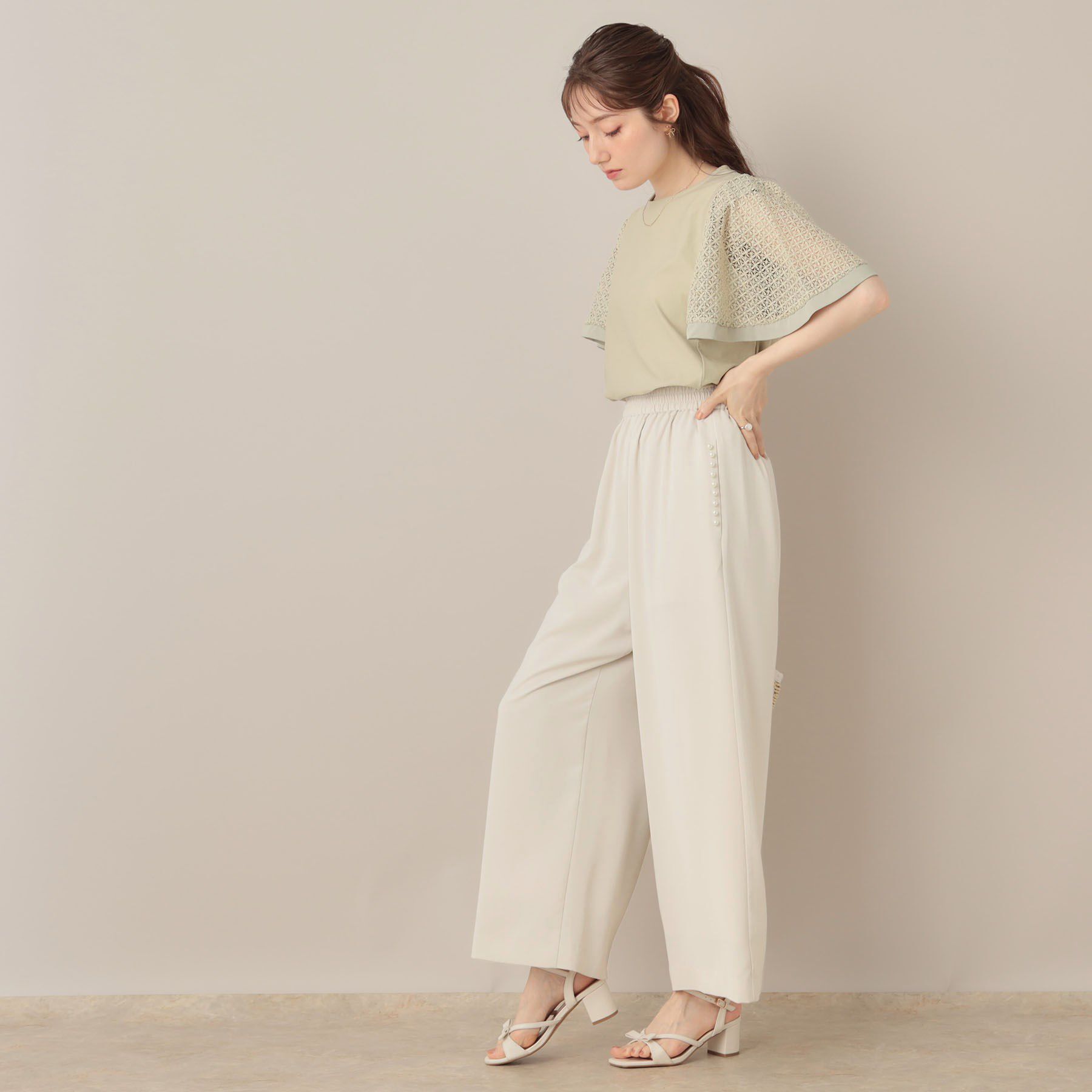 Couture broach「【接触冷感・5分袖】ケミカルレースフレアスリーブトップス」|Tシャツ・カットソー|