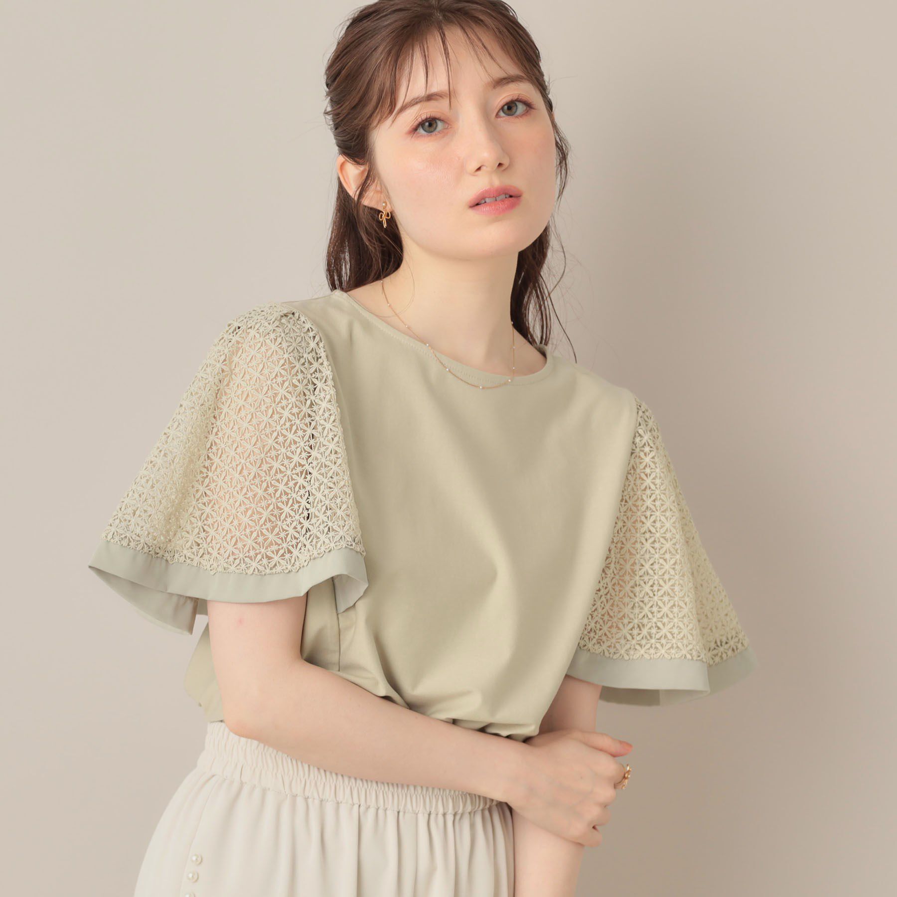Couture broach「【接触冷感・5分袖】ケミカルレースフレアスリーブトップス」|Tシャツ・カットソー|