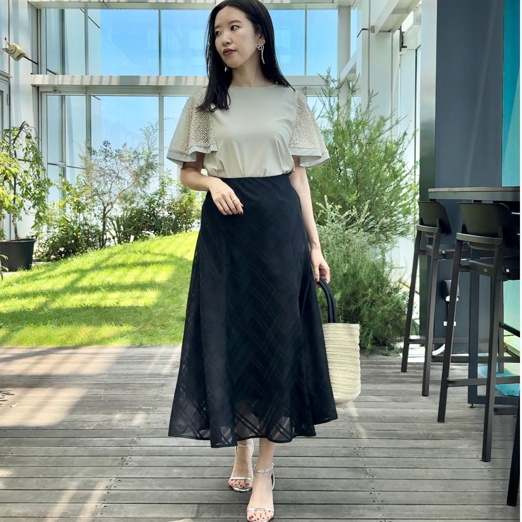 Couture broach「【接触冷感・5分袖】ケミカルレースフレアスリーブトップス」|Tシャツ・カットソー|