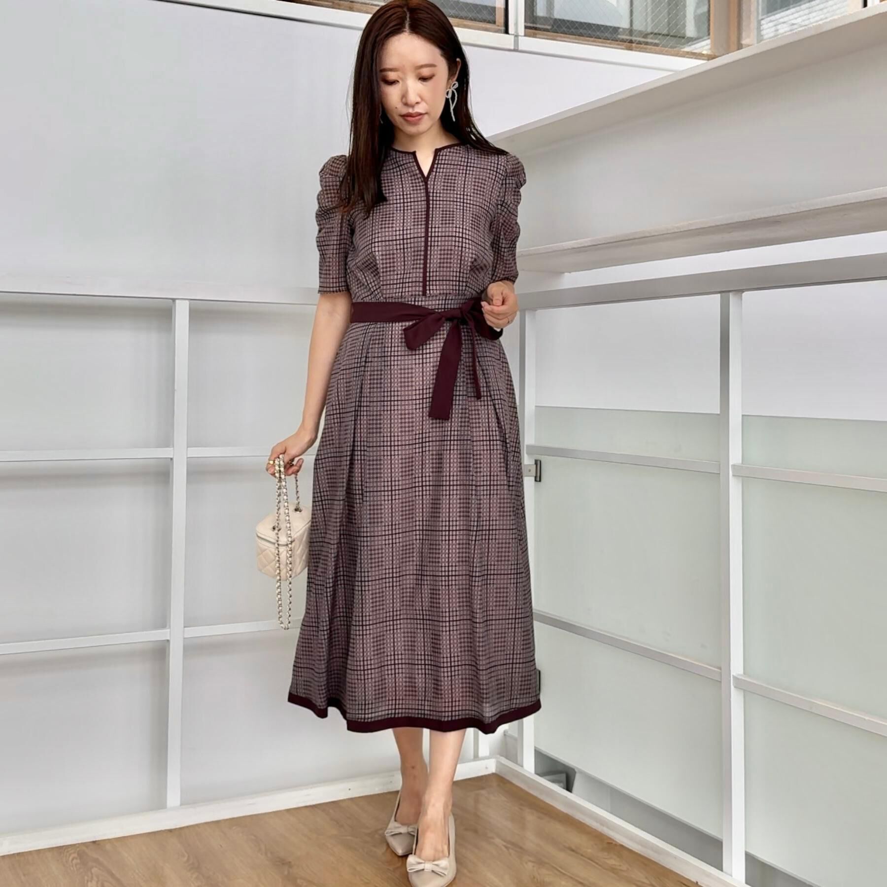 Couture broach「【美シルエット・5分袖】シアーチェックオーガンワンピース」|ワンピース|