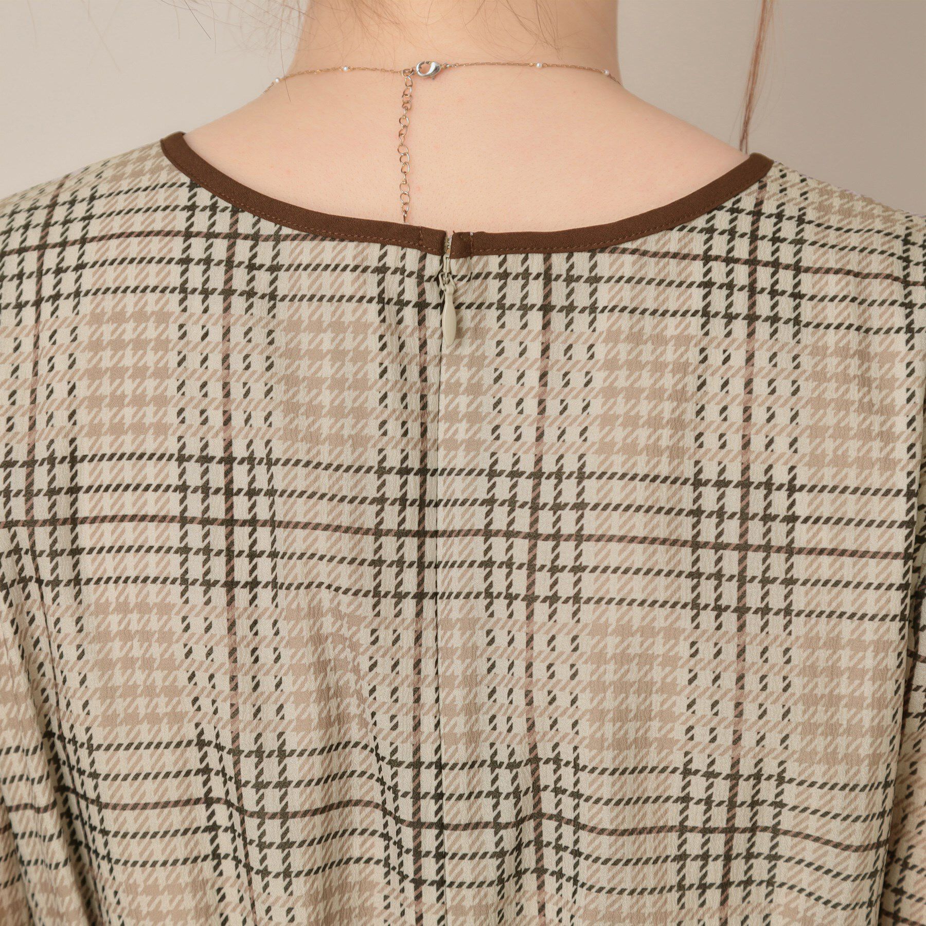 Couture broach「【美シルエット・5分袖】シアーチェックオーガンワンピース」|ワンピース|