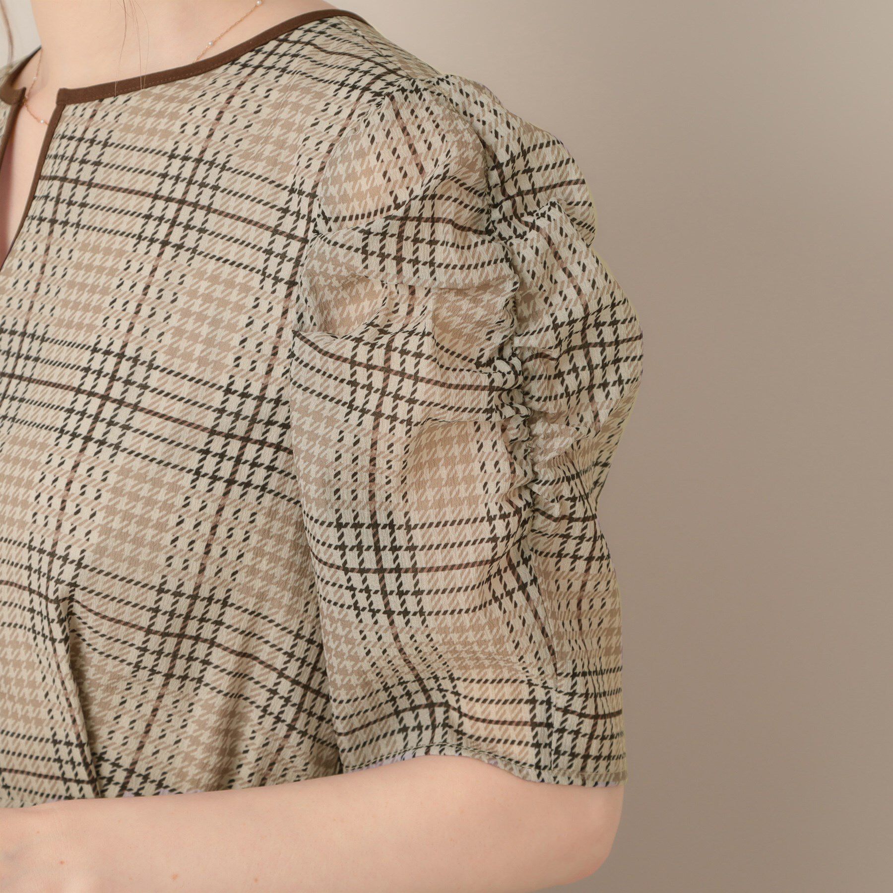 Couture broach「【美シルエット・5分袖】シアーチェックオーガンワンピース」|ワンピース|