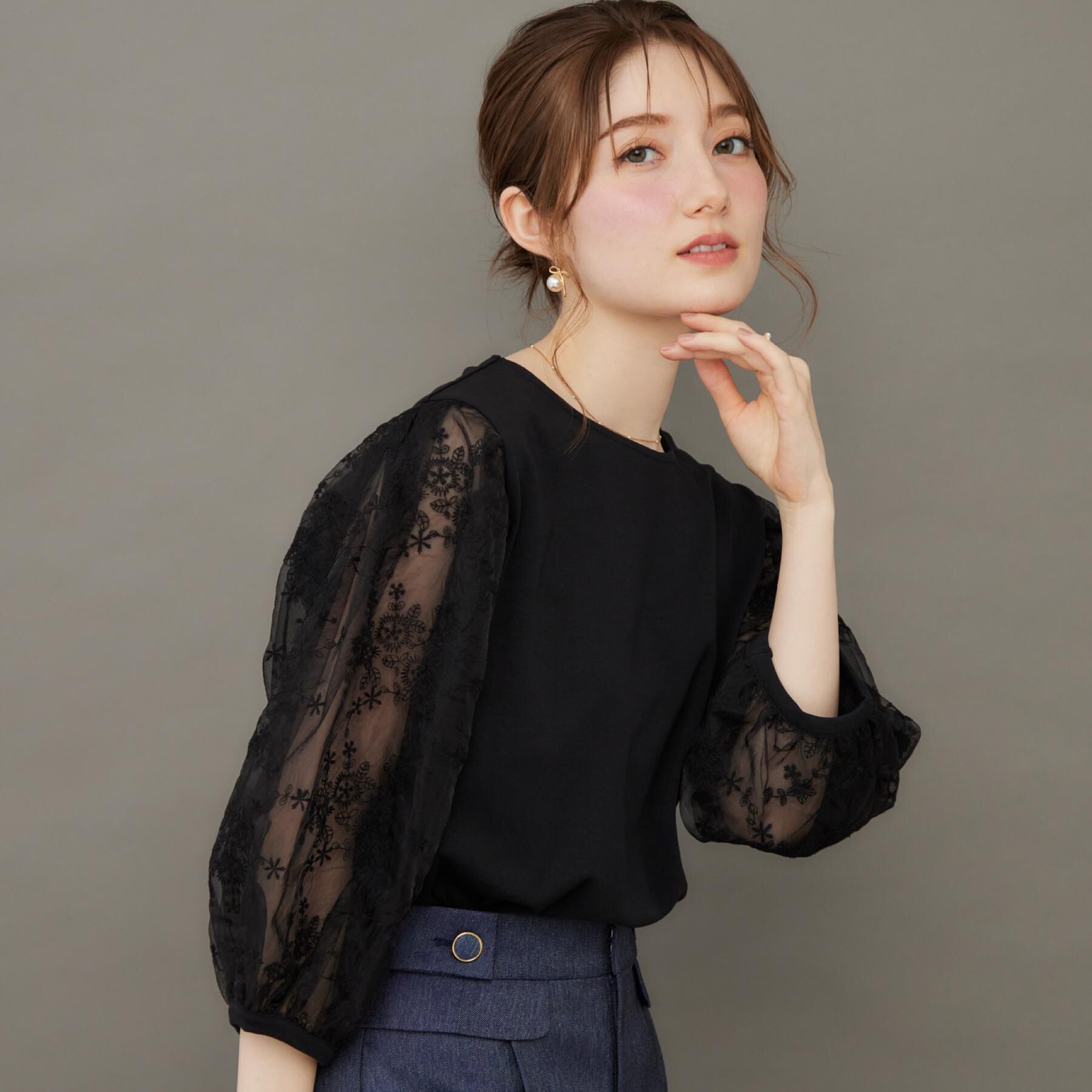 Couture broach「【接触冷感・UVカット・マシンウォッシャブル】袖レースドッキングカットソー」|Tシャツ・カットソー|