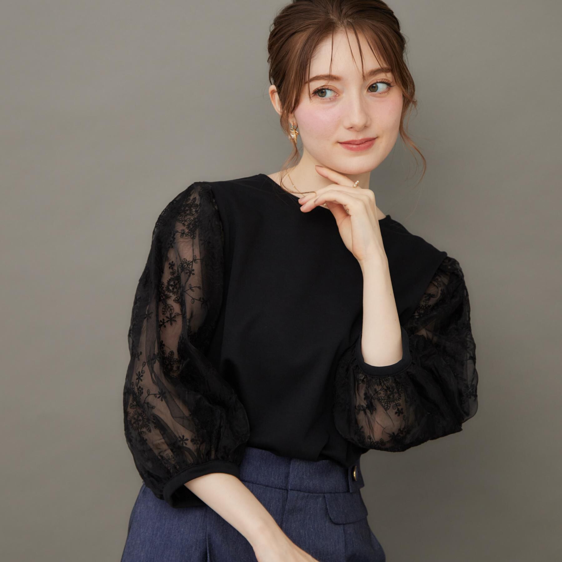 Couture broach「【接触冷感・UVカット・マシンウォッシャブル】袖レースドッキングカットソー」|Tシャツ・カットソー|