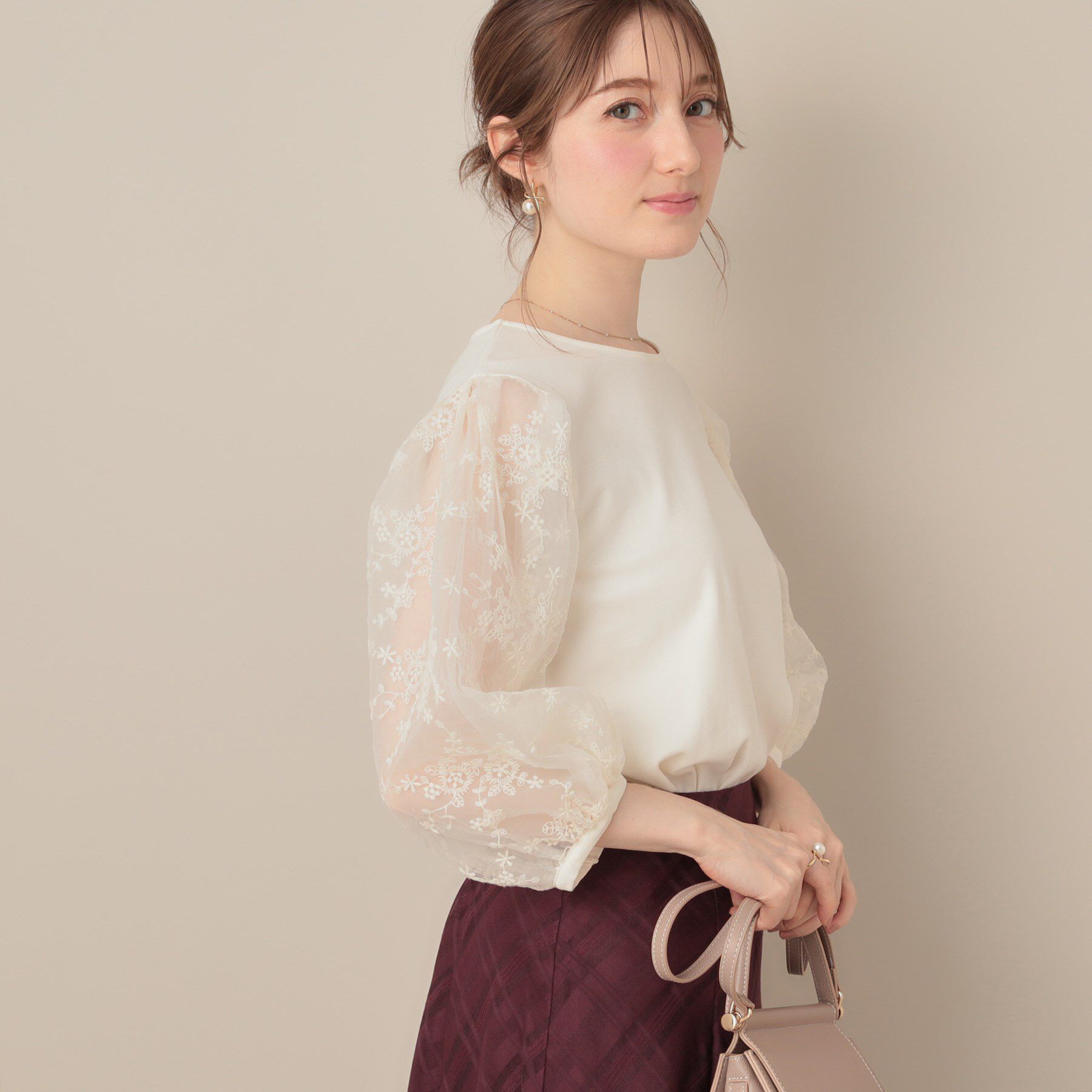 Couture broach「【接触冷感・UVカット・マシンウォッシャブル】袖レースドッキングカットソー」|Tシャツ・カットソー|