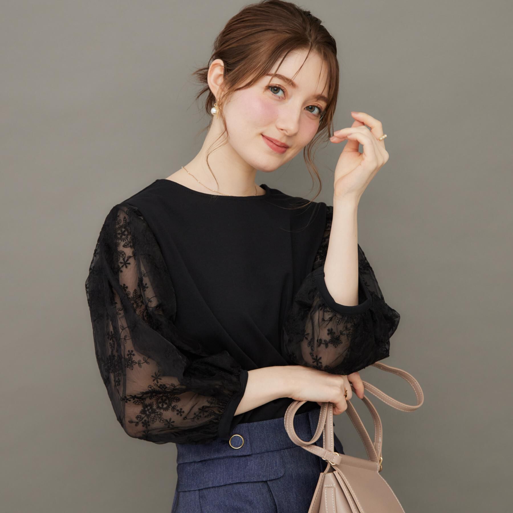 Couture broach「【接触冷感・UVカット・マシンウォッシャブル】袖レースドッキングカットソー」|Tシャツ・カットソー|ブラック(019)