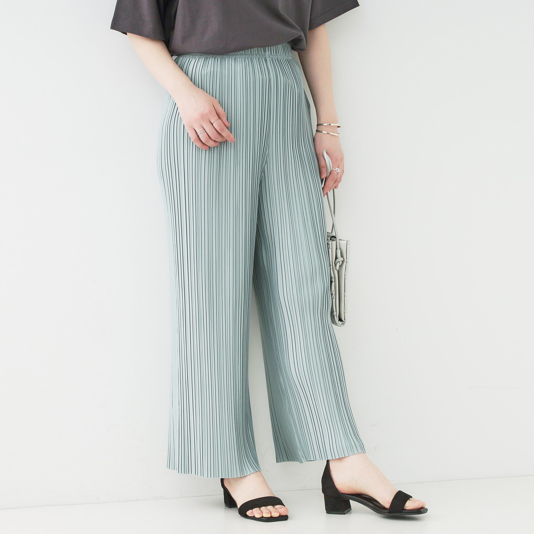 SHOO･LA･RUE「【洗える】楽してほっそり見え カットプリーツパンツ」|その他|ミントグリーン(02