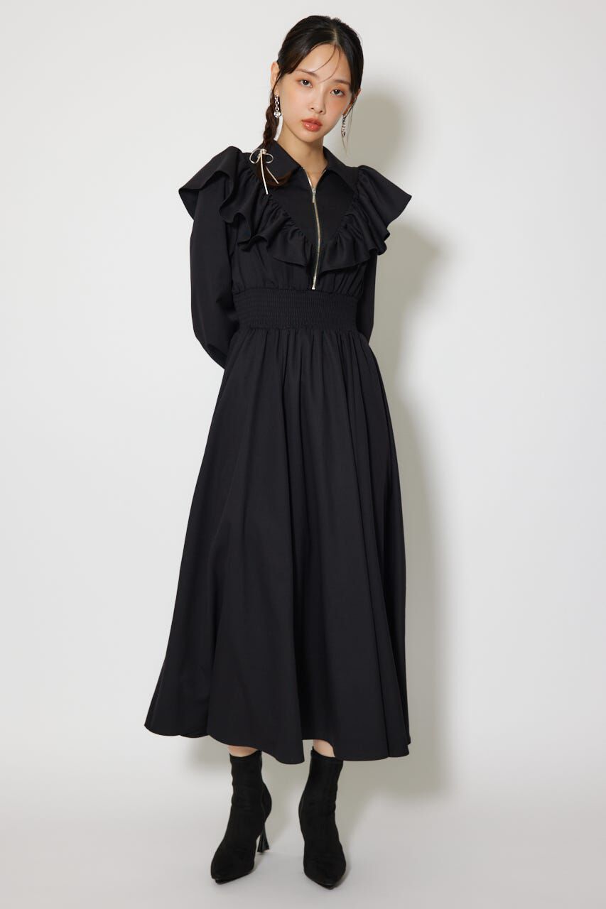 rienda「フロントZIPフリルシャツワンピース」|ワンピース|BLK