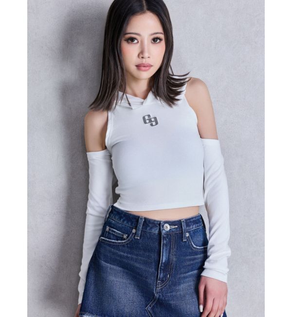 GYDA「GGフードショルダーオープンデザインショートトップス」|Tシャツ・カットソー|オフホワイト